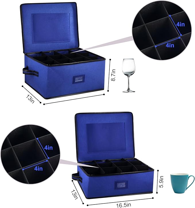 2 Pack Glass Storage Box with Dividers for Mugs & Glassware Coffee Cup Kit Stemware Storage Containers for Packing and Moving 12 Crystal Glassware, Wine Glasses, Drinkware (Blue)