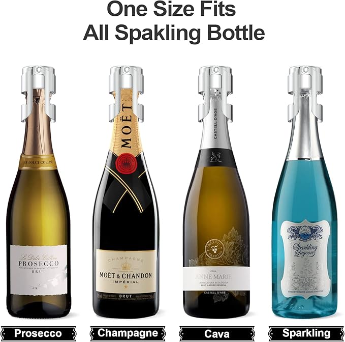 HYZ Champagne Stoppers - Stainless Steel Sparkling Wine Bottle Stopper with Pure Silicone Air Tight Seal - Professional Wine Saver for Champagne，Prosecco and Cava (2Pack Chrome)