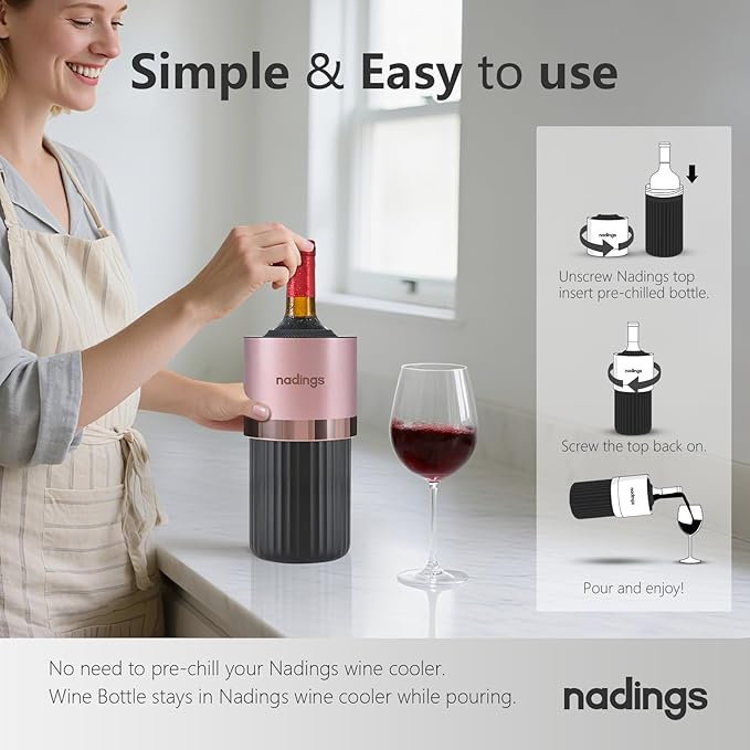 Iceless Wine Chiller - Keeps Cold 6+ Hours, Portable Vacuum Insulated Stainless Steel Champagne Cooler, Fits Most Wine Champagne & Liquor Bottles, Perfect Gift for Wine Lovers (Rose Gold)