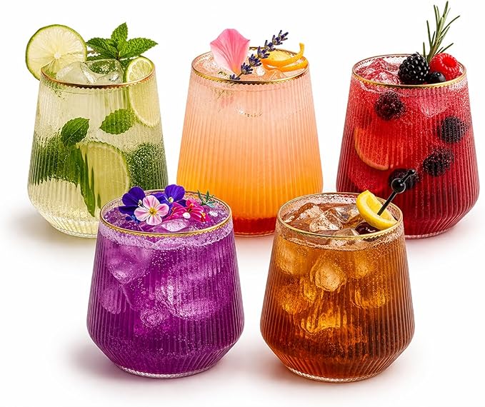 Oojami 40 Pack 14 oz Origami Ripple Stemless Ribbed Plastic Wine Glasses, Disposable Unbreakable BPA-Free Cocktail Cups for Fancy Parties, Weddings, Indoor Outdoor Champagne, Whiskey, Mimosa, Gold Rim