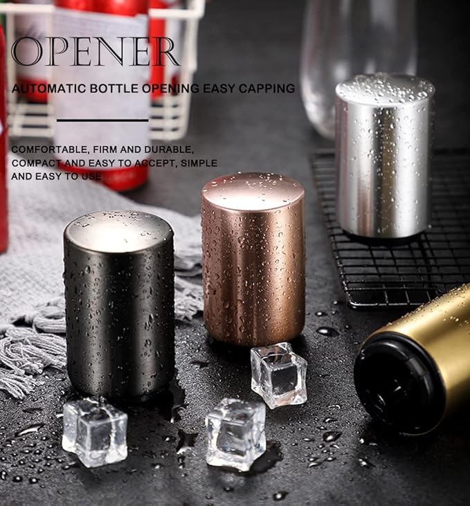 AKOAK 1 Pack Creative Stainless Steel Push-type Beer/Wine Bottle Opener Bar Household Automatic Convenient Cap Opener - Easy to Open a Variety of Bottles,Gold