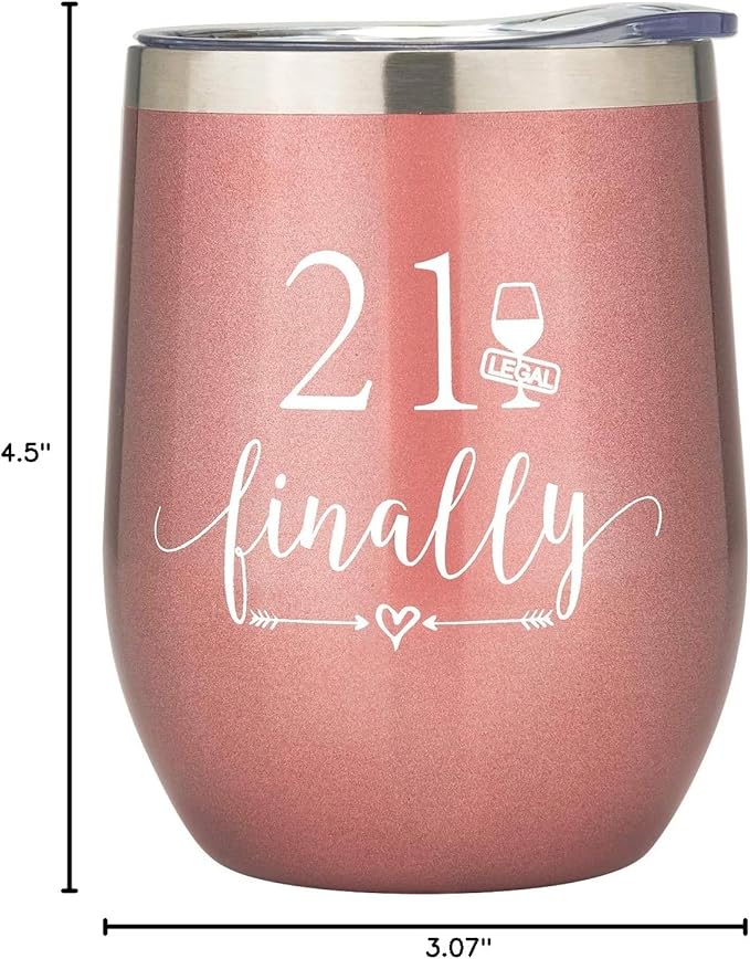 Crisky Rose Gold 21 & Finally Wine Tumbler for Girl 21st Birthday Gifts Funny Ideas for Girlfriend, Sister, Friends, Daughter, Her Wine Glass, Vacuum Insulated Coffee Cup 12oz, with Box, Lid and Straw
