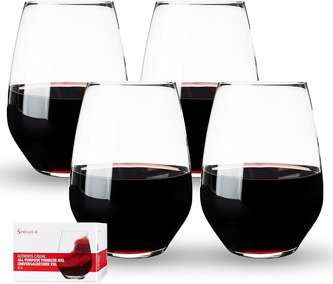 Spiegelau Authentis All Purpose Tumblers, Large Crystal Clear Stemless Glasses for Red and White Wines for Housewarming Gifts, Holiday Celebrations, Picnic, Home Bar, 22.4 oz, Set of 4