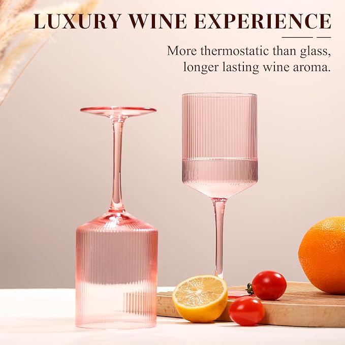 Square Pink Wine Glasses Set of 4 – 15oz Red or White Glasses on Long Stem, Hand Blown Ribbed Design Wine Glasses, Unique Vintage Style Drinking Glasses - For Mothers Day, Wedding, Anniversary