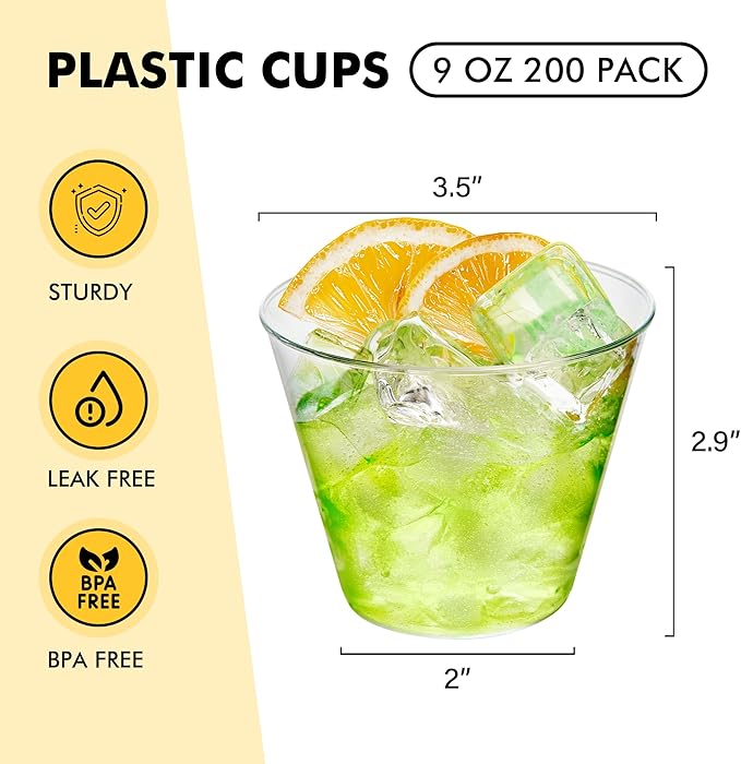 RACETOP 200 Pack 9 oz Clear Plastic Cups for Party, Disposable Clear Cup, Disposable Cups, Wine Glasses Cups, Plastic Cocktail Glasses
