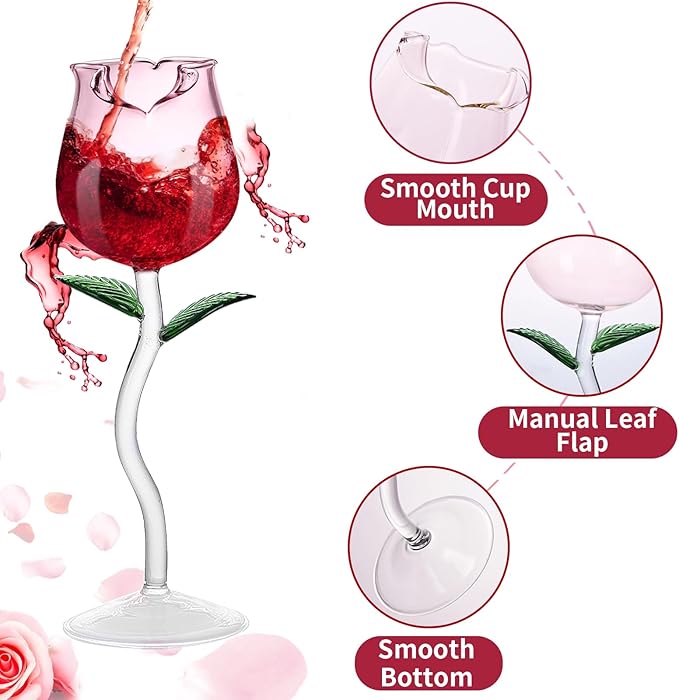 Rose Wine Glasses Set of 2 Creative Wine Goblet Champagne Flutes Classy Red Wine Glass, Ideal Gifts for Housewarming, Wedding, Birthday Celebrations