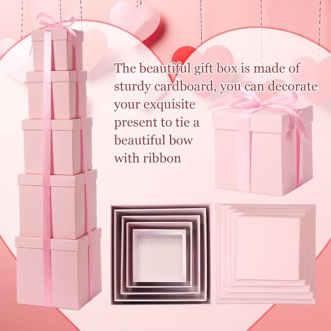 Cholemy 5 Pcs Square Nesting Boxes Decorative Gift Boxes with Lid and Ribbon Assorted Sizes Wrap for Wedding, Carnival, Anniversary, Birthday, Bridal Shower Party Gifts(Pink)