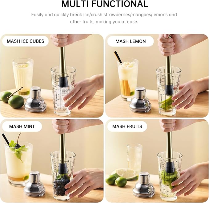 8 Inch Stainless Steel Cocktail Muddler and Mixing Spoon Home Bar Tool Set - Create Delicious Mojitos Old Fashioned/Mint Julep/Other Fruit Based Drinks (Gold)