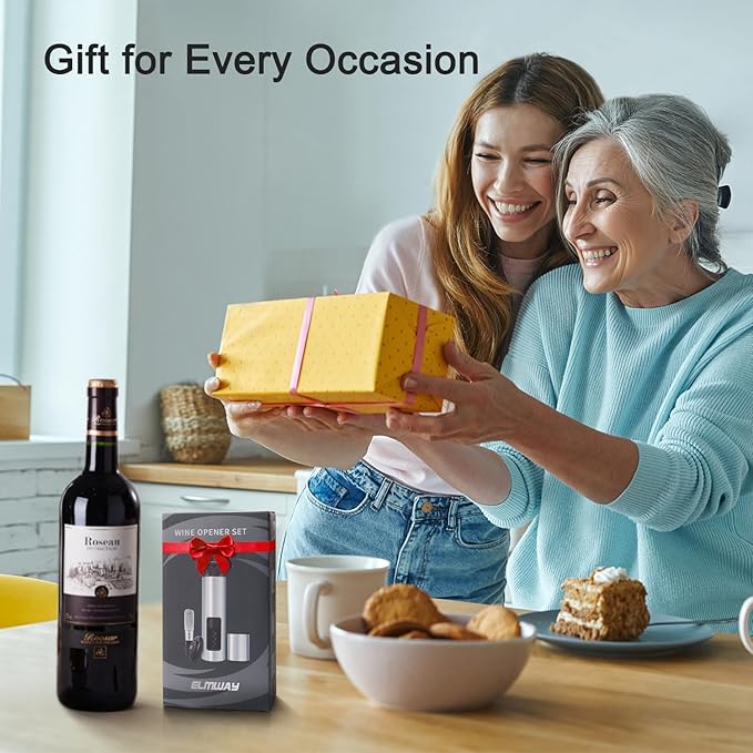 Effort-Saving Wine Opener Set by ELMWAY, Sleek Self-Pull Manual Corkscrew with Foil Cutter, Vacuum Stopper & Wine Aerator Pourer, Stainless Steel Body, Easy to Use for Home & Parties - Silver
