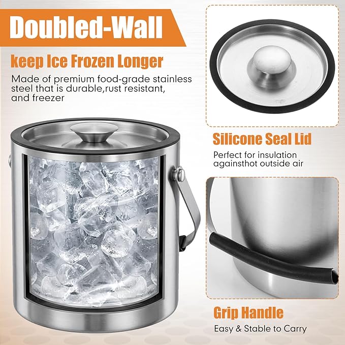 10 PCS 2 Set 3L Portable Ice Buckets for Parties Stainless Steel Double-Wall Insulated Ice Bucket with Lid, Scoop, Tongs Ideal for Cocktail Bar, Outdoor Events & Keeps Drink Frozen Longer