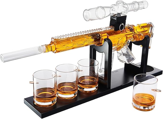 AR15 Whiskey Decanter Set – Limited Edition with Silencer Stopper 640ml Rifle Decanter & 4 Bullet Glasses (310ml) Handmade Gun Liquor Set, TikTok Bar Trend Unique Father’s Day Gift for Dad, Him, Men
