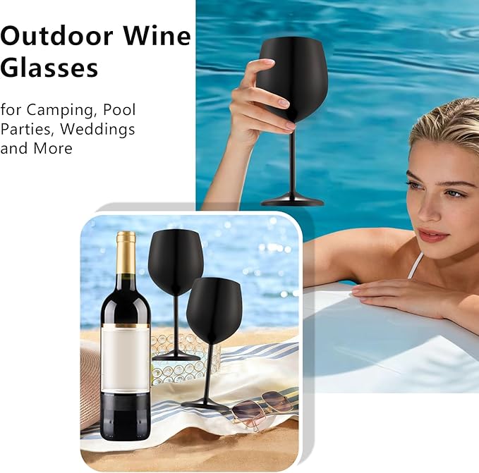 Stainless Steel Wine Glasses Set of 4 Unbreakable Wine Glass 18 oz Unique Metal Wine Goblets for Outdoor, Travel, Camping, Pool, Ideal Gift for Wine Lovers (Matte-Black)