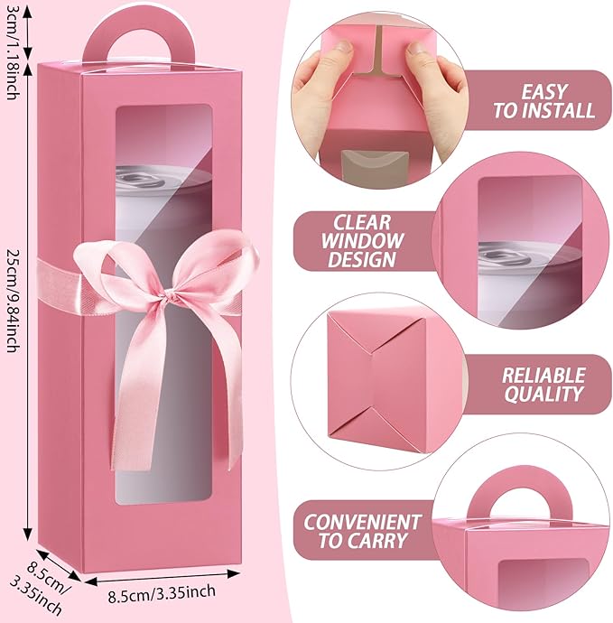 Ctosree 24 Pcs Tumbler Gift Box with Handle for 12oz 16oz 20oz 30oz Clear Wine Glass Gift Box Sublimation Tumblers Heat Press Blanks Bottle for Christmas Wrapping Packaging(Pink)