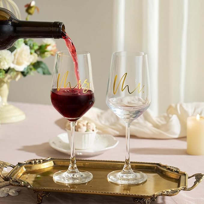 AW BRIDAL Mr and Mrs Wine Glasses Set of 2 for Engagement Bridal Shower, Wedding Gifts for Newlywed Couples 2026, Personalized Anniversary Wine Glass Gift Basket for Bride Groom and Fiance Fiancee