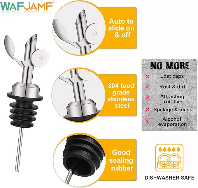 WAFJAMF 4 Pcs Weighted Stainless Steel Bottle Pourers, Self Closing Olive Oil Dispenser Spout, Auto Flip Feature Liquor Pour Spouts for Pours Liquid, Olive Oil, Wine, Vinegar（Silver）