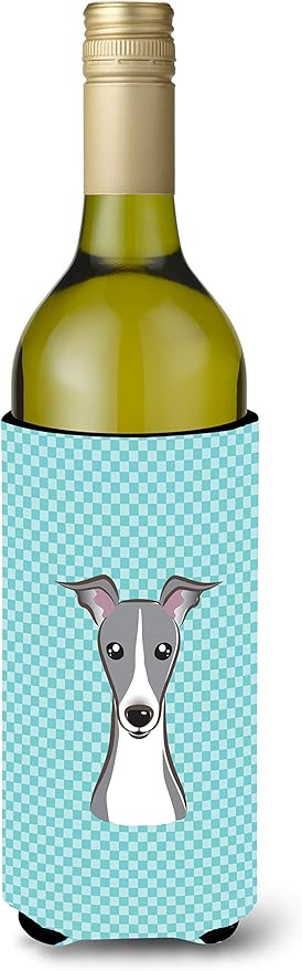 Caroline's Treasures BB1174LITERK Checkerboard Blue Italian Greyhound Wine Bottle Hugger Bottle Cooler Sleeve Hugger Machine Washable Collapsible Insulator Beverage Insulated Holder