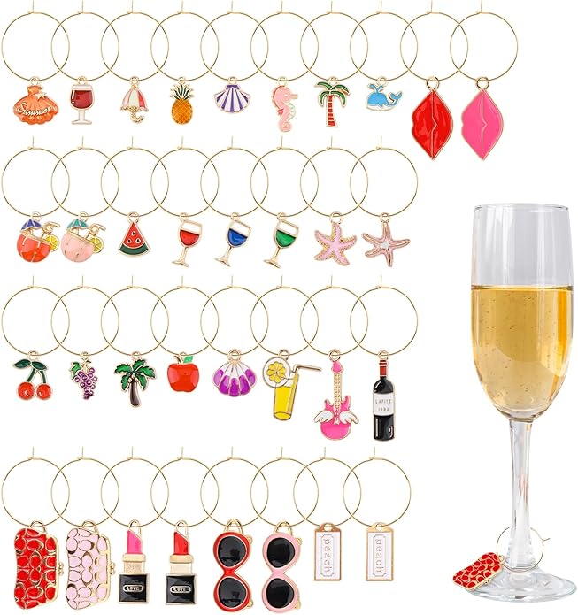 Oubaka 34 Sets Wine Glass Charms Wine Charms for Stem Glasses Wines Glass Markers Charm Identifier Drink Markers Wines Glasses Tags for Christmas Birthday Tasting Party Favors Decorations