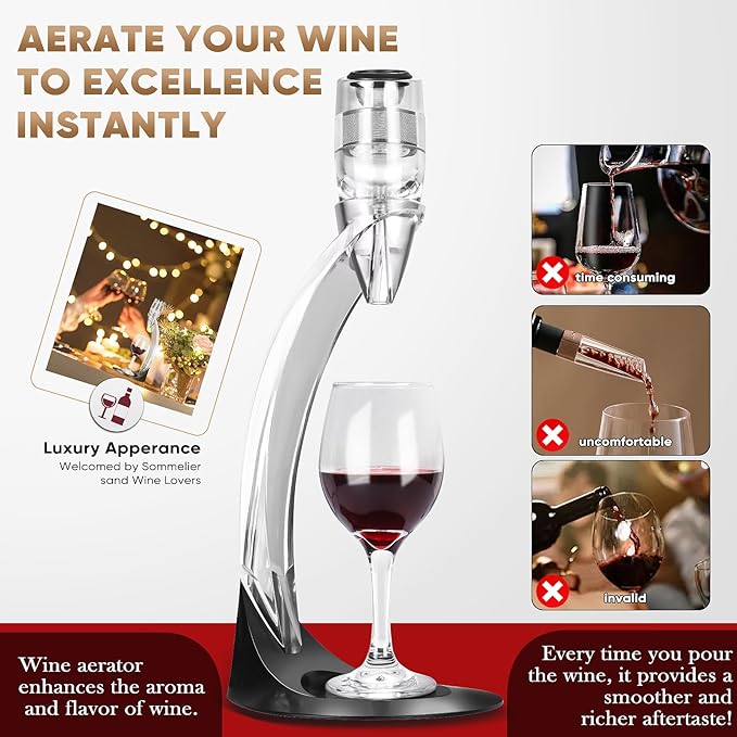 D&Slifei Deluxe Wine Aerator Pourer with Tower Stand and Filter, Unique Aeration Device, Quickly Enhances Wine Flavour with Smoother Finish, Ideal Gifts for Wine Lovers