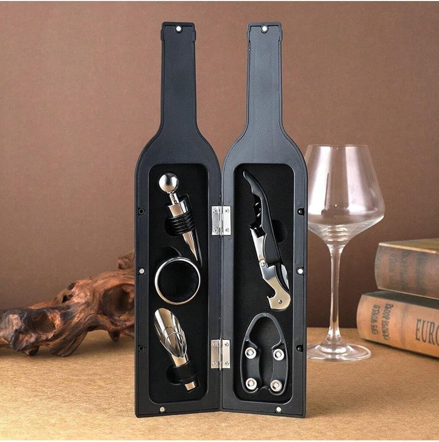 Wine Bottle Shaped Opener Gift Set, 5 Piece Wine Accessories Kit with Corkscrew, Bottle Stopper, Pourer, Foil Cutter, Drip Ring, Black Case, Perfect for Birthday, Wedding, Anniversary, Christmas