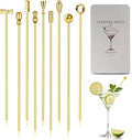 Metal Cocktail Martini Picks Gold, 4.1 in Olive Skewers Stainless Steel, Martini Garnish Sticks Reusable, Metal Toothpicks for Drinks, Appetizers, Cheese, Gift for Mother Bar Accessories - 9 Pcs