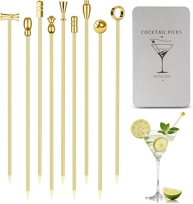Metal Cocktail Martini Picks Gold, 4.1 in Olive Skewers Stainless Steel, Martini Garnish Sticks Reusable, Metal Toothpicks for Drinks, Appetizers, Cheese, Gift for Mother Bar Accessories - 9 Pcs