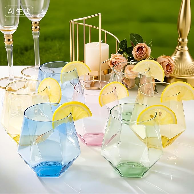 Goodluck 40 PCS Diamond Stemless Plastic Wine Whiskey Glasses, 12 Oz Disposable Cocktail Glasses, Suitable for Weddings, Birthday Parties, Family Gatherings, Bars, etc （Multi-color cups）