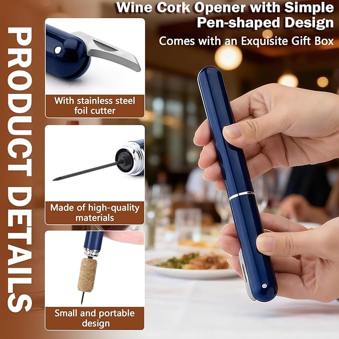 Wine Bottle Opener with Foil Cutter - NUCOKRS Air Pump Aeropop Corkscrew, Pen Style Opens in 3-7 Pumps, Effortless & No Damage to Cork, Compact Gift for Wine Lovers (Blue)