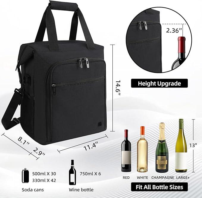 ALLCAMP 6 Bottle Wine Gift Bag - Insulated Tote Cooler, Adjustable Strap, Includes 6 Wine Glasses, Napkins & Corkscrew, Portable Travel Gifting(Black)