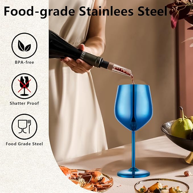 Stainless Steel Wine Glasses Set of 4 Unbreakable Blue Wine Glass 18 oz Unique Metal Wine Goblets for Outdoor, Travel, Camping, Pool, Ideal Gift for Wine Lovers