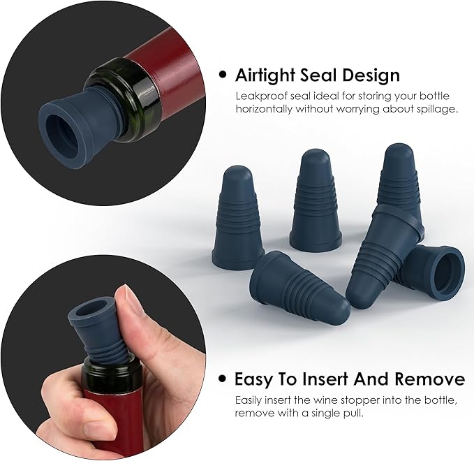 Silicone Wine Bottle Stoppers, Gray Blue, 6 Pack – Reusable Airtight Tapered Plugs for Standard Wine Bottles, Leakproof, BPA-Free, Dishwasher Safe