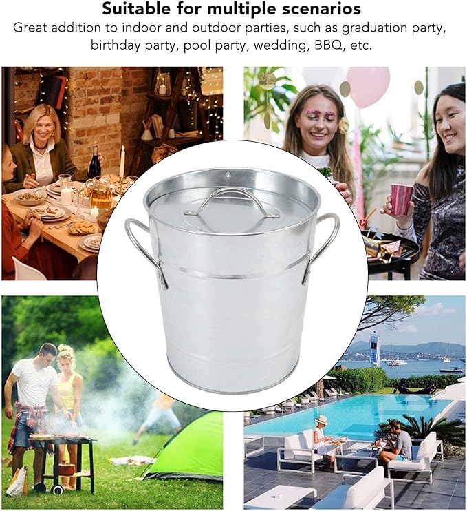 Round Ice Bucket with Ice Shovel, Bar Ice Tub Beer Chiller Bin, Double Wall Galvanized Sheet and Plastic Wine Storage Tub with Handle and Lid for Home Bar Party Use (Original Color)