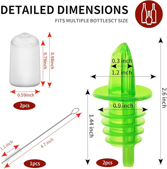 2 PCS Bottle Pourers And 2 PCS rubber pourers dust cap covers Syrup Pourer Pour Spouts Plastic Liquor Bottle Pourers with Rubber Pourers Dust Cap Covers Bottle Pourers (Green)