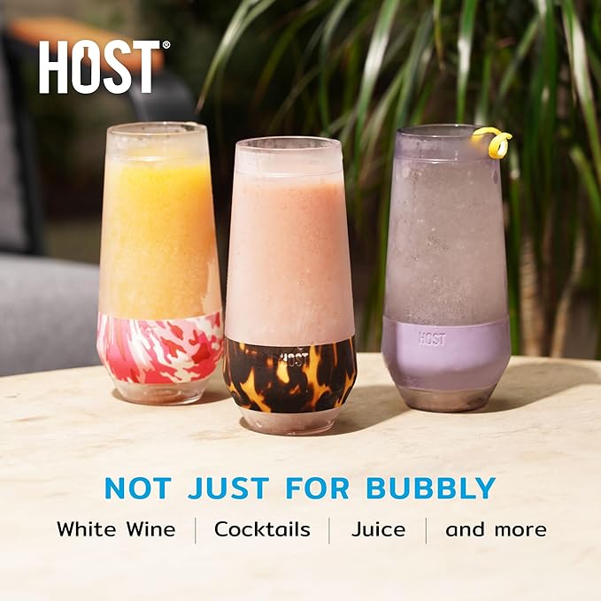 Host Freeze Champagne Flutes, Shatterproof Freezable Double Walled Stemless Sparkling Wine Glasses Drinking Set, Plastic Flutes for Mimosas and Champagne, Gifts for Wine Lovers, 9oz, Set of 4, Glitter
