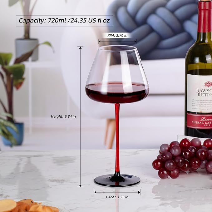 KAMMAK Wine Glasses Set of 2, 24.35 oz Hand Blown Crystal Bordeaux Wine Glasses, Thin Rim & Long Stem, Perfect for Red & White, Daily Use, Wedding or Birthday Gift with Gift Box, XH-H250 Black Base