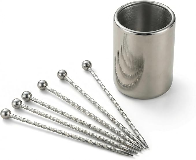 6Pcs Metal Cocktail Picks and Holder Reusable Stainless Steel Skewers Toothpicks Kit for Cocktails Drinks Garnish Appetizers Martini Picks Fruit Coctail Skewer Accessories