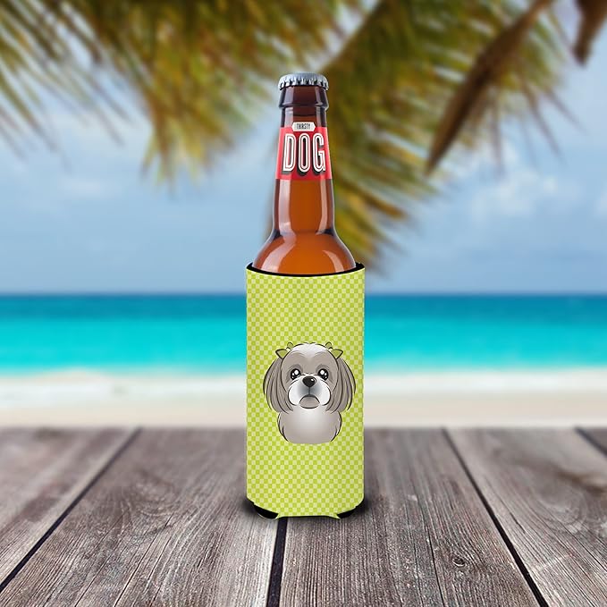 Checkerboard Lime Green Shih Tzu Ultra Beverage Insulators for slim cans