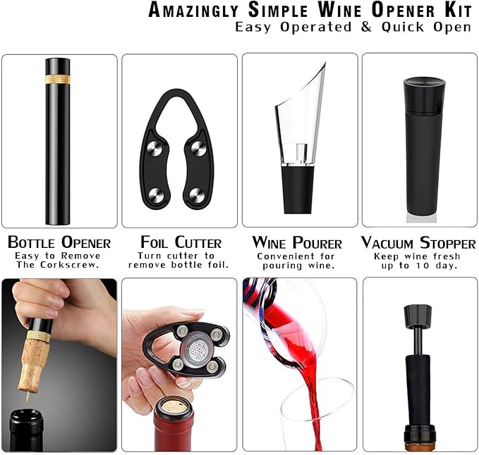 Wine Bottle Opener Set(4PCS),Travel Portable Pocket Air Pressure Pump Cork Remover with Aerator, Foil Cutter, and Vacuum Stopper, 7S Quick Bottle Opening, for Home, Restaurant, Party,Wine Lovers