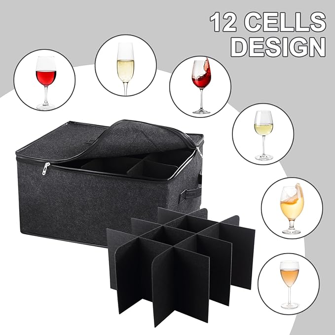 2 Pack Glass Storage Box with Dividers for Mugs & Glassware Coffee Cup Kit Stemware Storage Containers for Packing and Moving 12 Crystal Glassware, Wine Glasses, Drinkware (Gray)