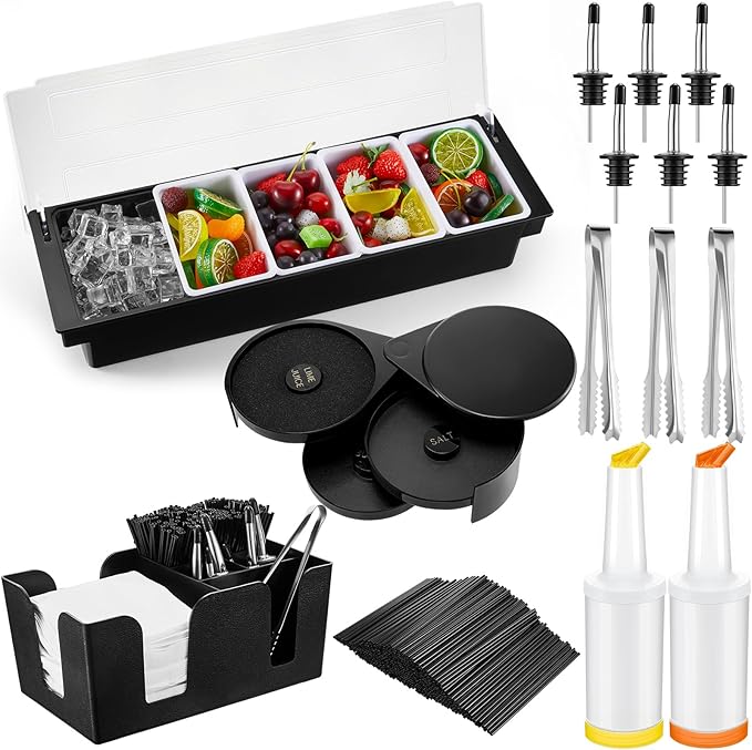 Mifoci Bartending Supplies 5 Compartments Garnish Tray with Lid Bar Caddy 3 Tier Glass Rimmer Stainless Steel Bottle Pourers Juice Pouring Cocktail Tools Plastic Serving Accessories