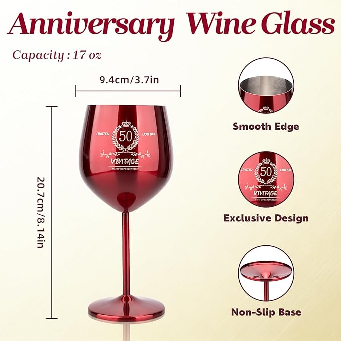 50th Birthday Gifts Wine Glass for Her Women, Stainless Steel Metal Unbreakable Decoration Glasses Red Cup 17oz with Vintage Print-Unique 50 Year Old Present for Mom Wife Sister Friend