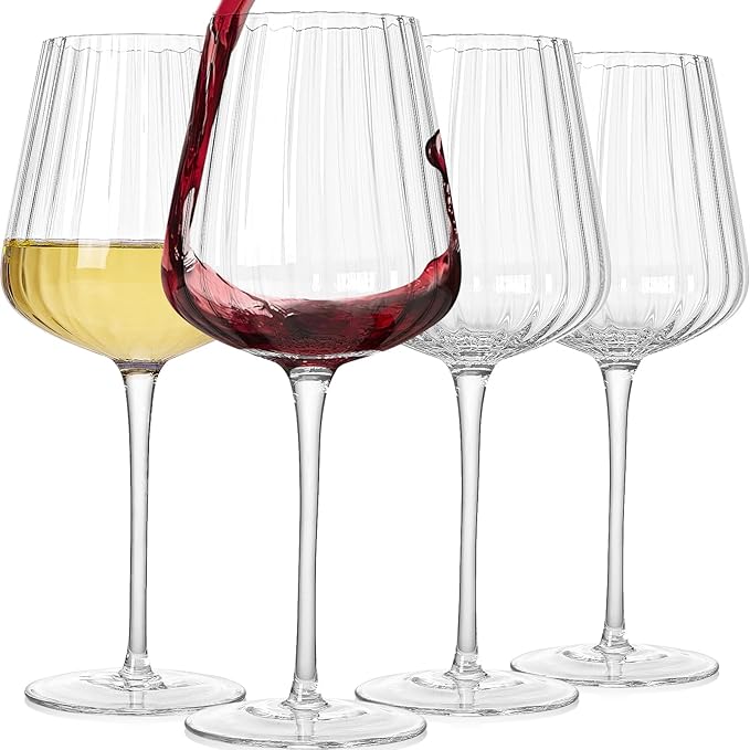 Ribbed Wine Glasses Set of 4-20oz Hand-Blown Fluted Glassware, Lead-Free Crystal Vintage Ripple Texture Red Wine Glasses, Perfect Gifts for Weddings, Birthday, Special Occasions