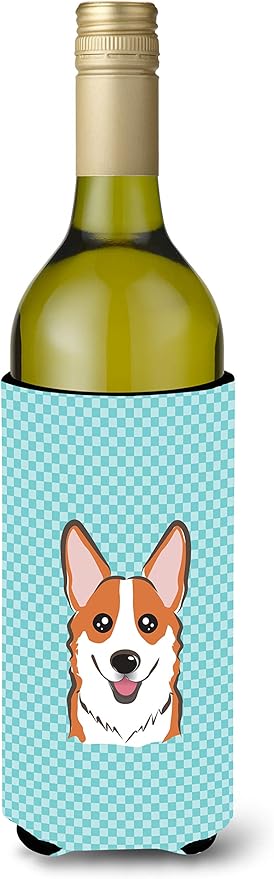 Caroline's Treasures BB1192LITERK Checkerboard Blue Corgi Wine Bottle Hugger Bottle Cooler Sleeve Hugger Machine Washable Collapsible Insulator Beverage Insulated Holder