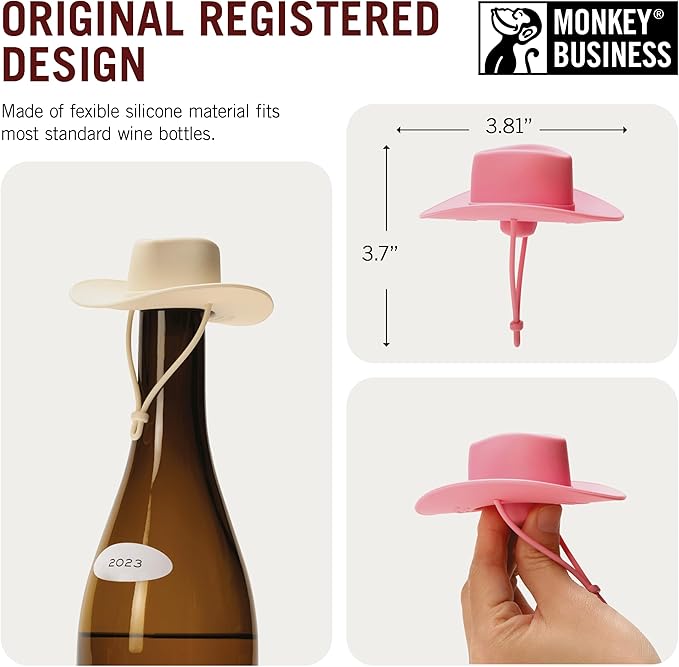 Monkey Business Howdy - 2-Pack Cowboy Hat Wine Stoppers – Fun Silicone Bottle Stoppers Keep Wine Fresh – Novelty Kitchen Gadgets & Cute Wine Accessories (Pink & White)