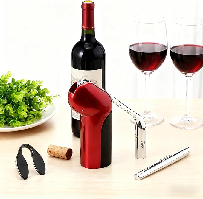 Vertical Corkscrew Wine Opener, One-Pull Manual Lever Bottle Opener with Foil Cutter, Red Easy Cork Remover for Home Bar, Parties, Gifts