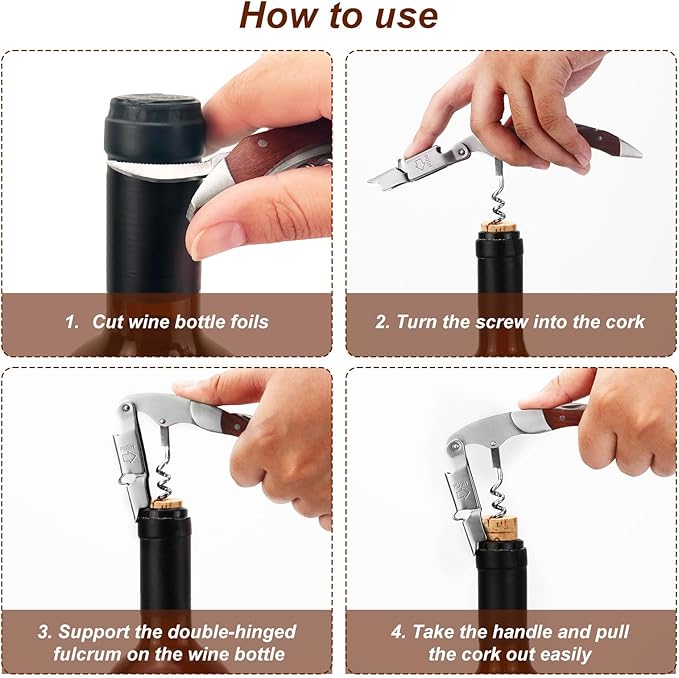 Waiter Corkscrews, Manual Wine Opener with Foil Cutter, Bottle Opener, All-in-One Stainless Steel Cap Remover Rosewood Handle, Waiters Friend, Wine Key for Sommelier, Bartender and Servers