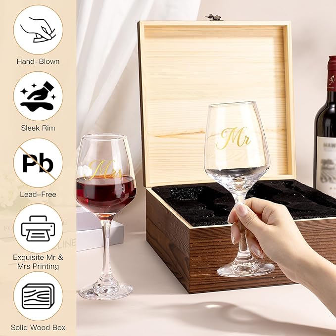 Mr and Mrs Wine Glasses, Wedding Gifts for Couples, Engagement Gift for Newlyweds, Bridal Shower Gift, Anniversary Wine Glass Wine Opener Stopper with Engraved Wooden Keepsake Box for Bride and Groom