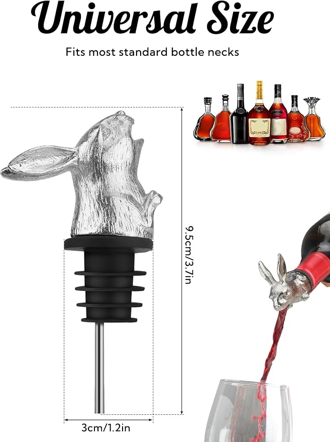 Bunny Rabbit Wine Bottle Pourer and Stopper, Metal Animal Liquor Pour Spout for Wine, Whiskey, Olive Oil, No-Drip Universal Fit Bar Accessory, Cute Bunny Gift for Easter, Housewarming, Party
