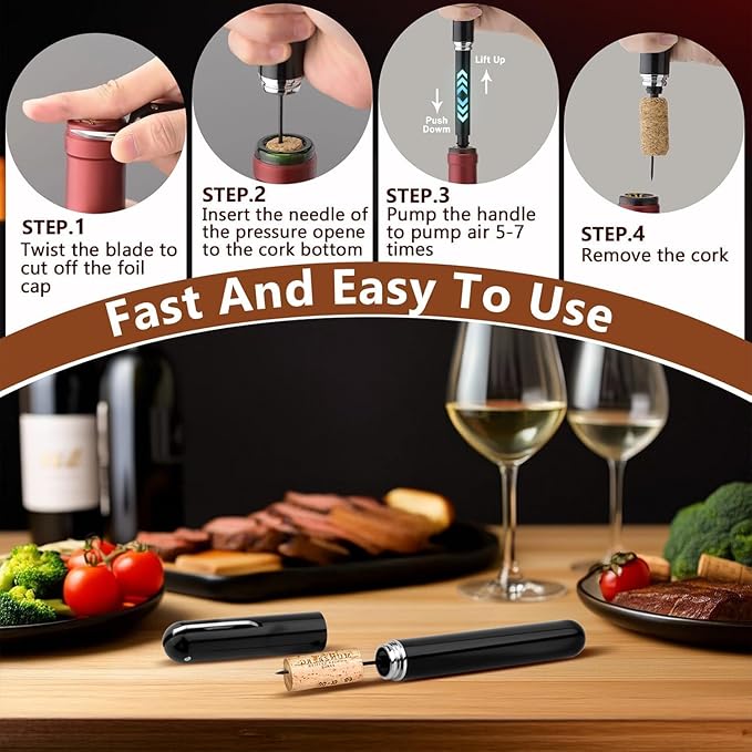 Wine Opener Manual with Foil Cutter Pack of 2 - NUCOKRS Aeropop Style Corkscrew Pen Shape Design 3 to 7 Air Pumps to Open (Black+Black)