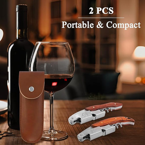 2-Pack Corkscrew Wine Opener - Professional Stainless Steel with Rosewood Handle, Foil Cutter, and Bottle Opener - Manual Wine Key for Bartenders, Servers, and Home Use