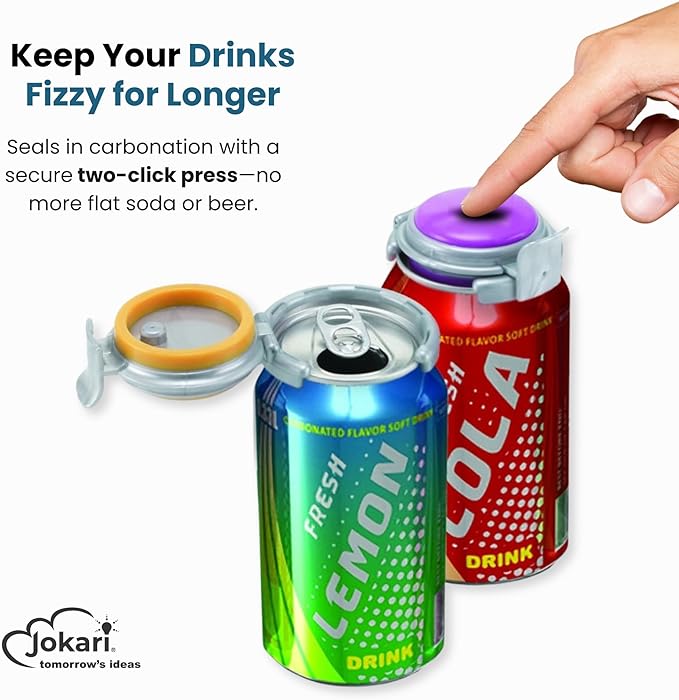 Jokari 2 Click Can Pump and Pour Carbonation Saver for 12oz Soda and Beer Cans Keep Fizzy Drinks Fresh Press On Manual Soda Preserver Reusable Can Cap for Carbonated Beverages 2 Pack